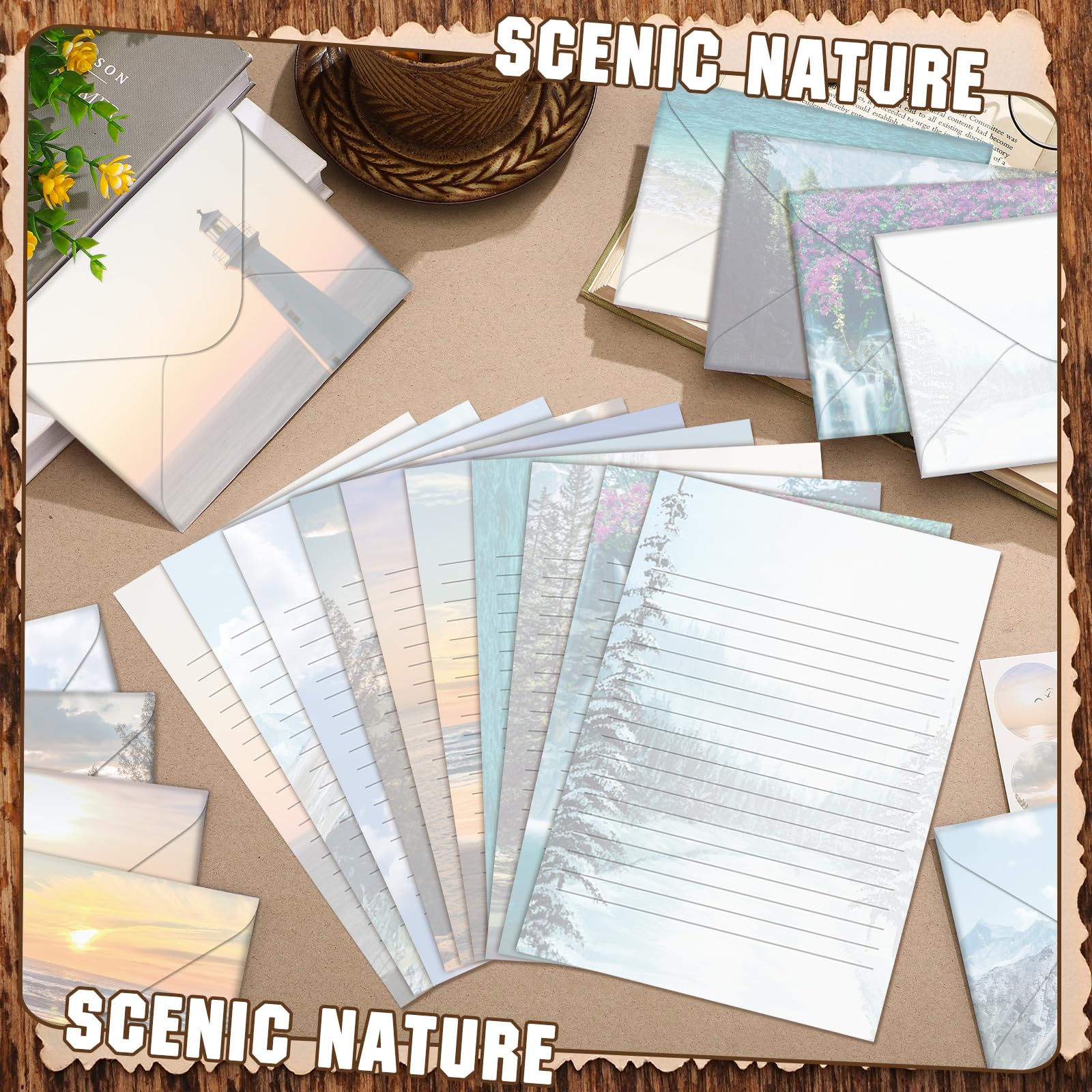 TaoBary 160 Pcs Stationery Paper Set 50 Double Sided Stationery Papers with 50 Matching Envelopes and 60 Round Dot Sticker, 10 Design(Scenic Nature,5.5 x 8.25 Inch)