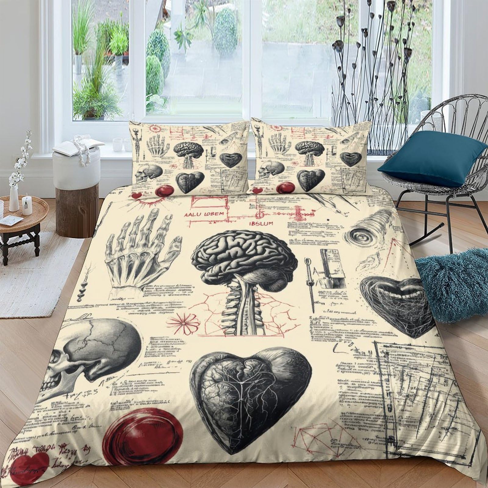 Ctjqhvkz Style-8 3D Printed Vintage Anatomy Heart Fitted Sheet Microfiber Soft Brain Sketch Mattress Cover For Bedroom Dorm Decor Single（135X200cm）