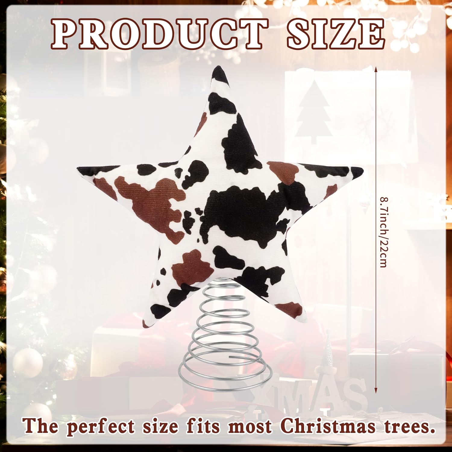 Cowhide Printed Christmas Tree Topper, 8.6 Inch Western Cow Christmas Star Tree Topper Ornament for Country Cowboy Party Supplies Holiday Home Decor