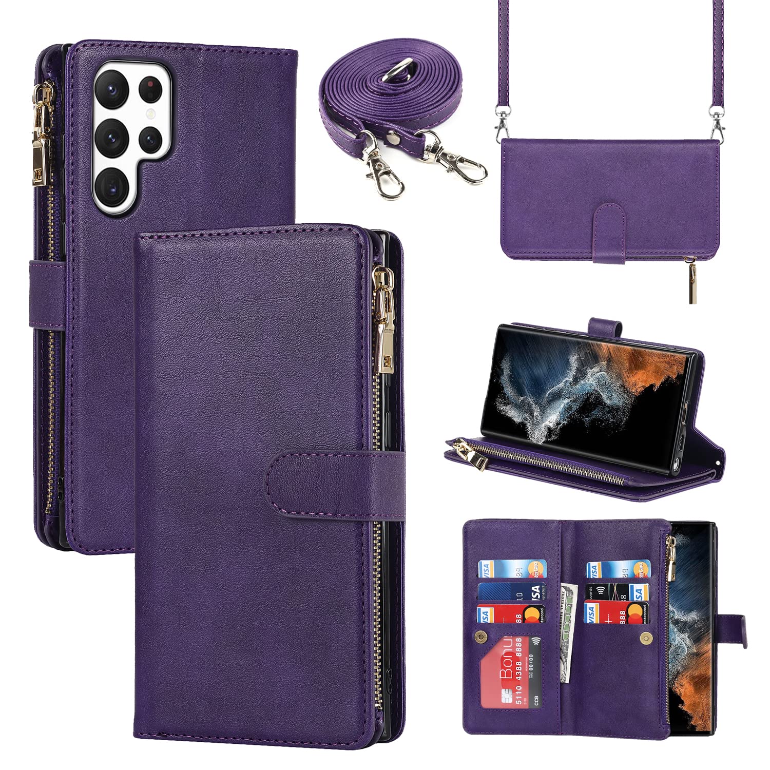 Cavor for Samsung Galaxy S22 Ultra Crossbody Wallet Case with Card Slots,Leather Magnetic Closure Zipper Pocket Case Kickstand Feature TPU Shockproof