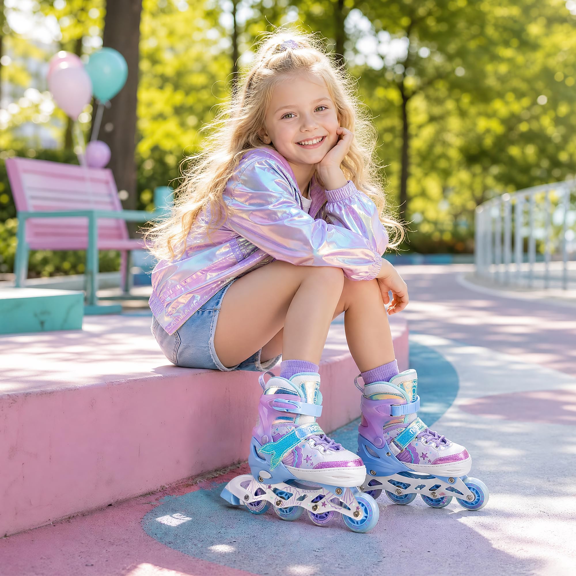 NEMONE Inliner für Mädchen 4 Größen Verstellbar Blau Violett für Kinder Drinnen und Draußen