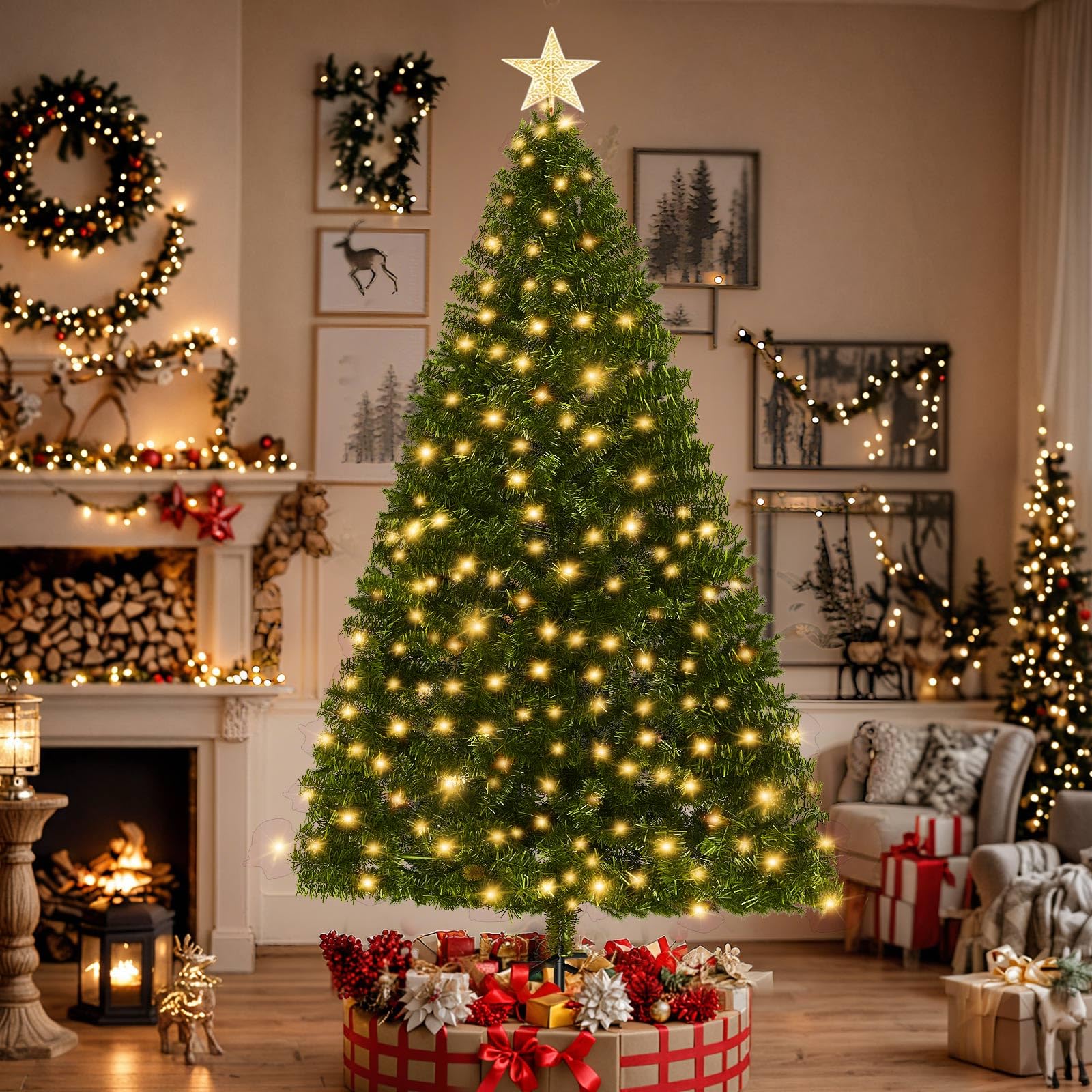 LEVELEVE Premium 7.5FT Pre-Lit Classic Artificial Holiday Christmas Tree w/1,450 Branch Tips,380 LED Lights for Home,Office,Party Decoration 7ft 6in