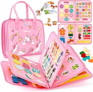 hahaland Activity Board Montessori Toy, 7-in-1 Busy Board, Motor Skills Toy & Educational Toy, Developing Sensory Fine Motor Skills, Busy Book for Travel, Car Drive, Gift Girls Toy (Unicorn)