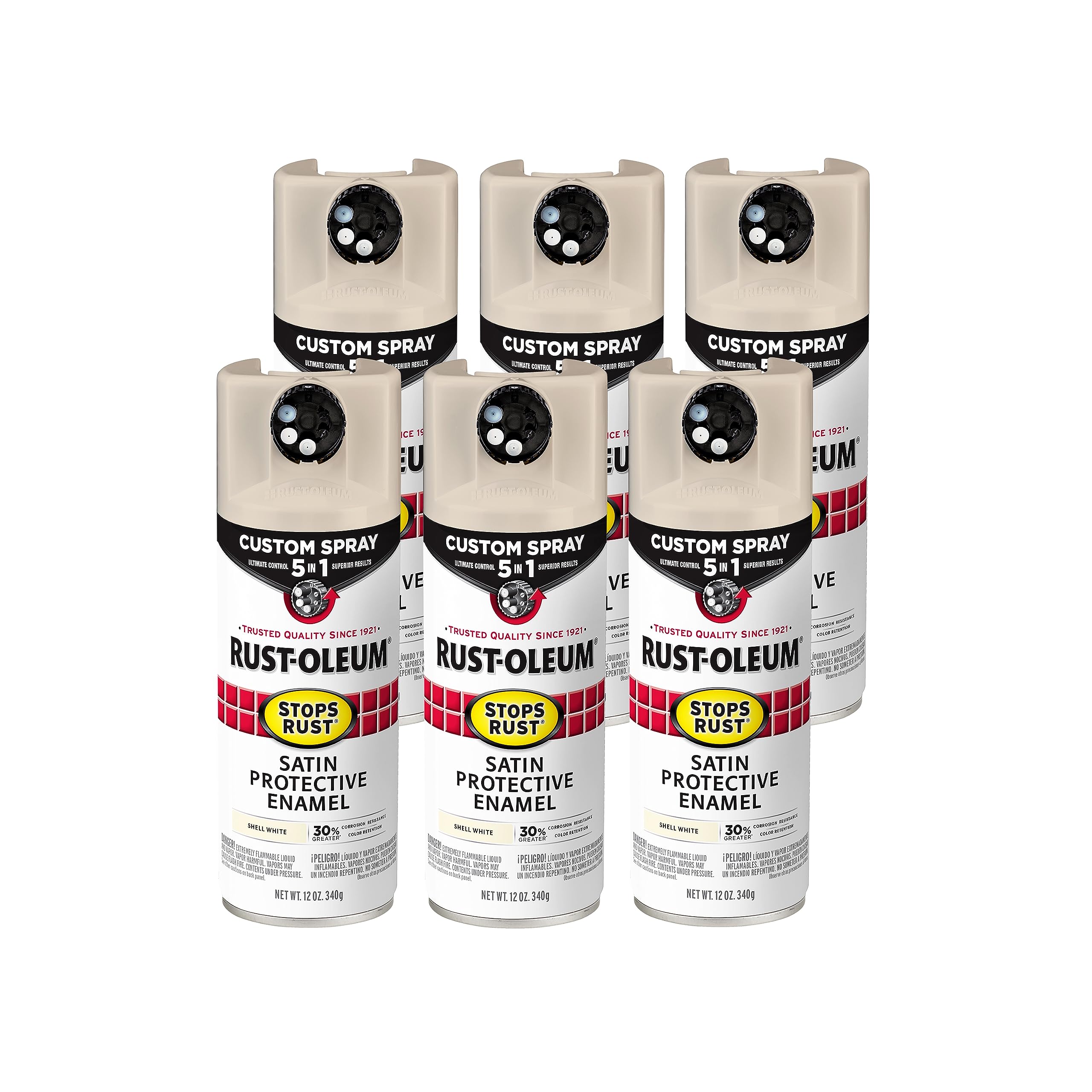 Rust-Oleum 376875-6PK Stops Rust Custom Spray 5-in-1 Spray Paint, 12 oz, Satin Shell White, (Pack of 6)