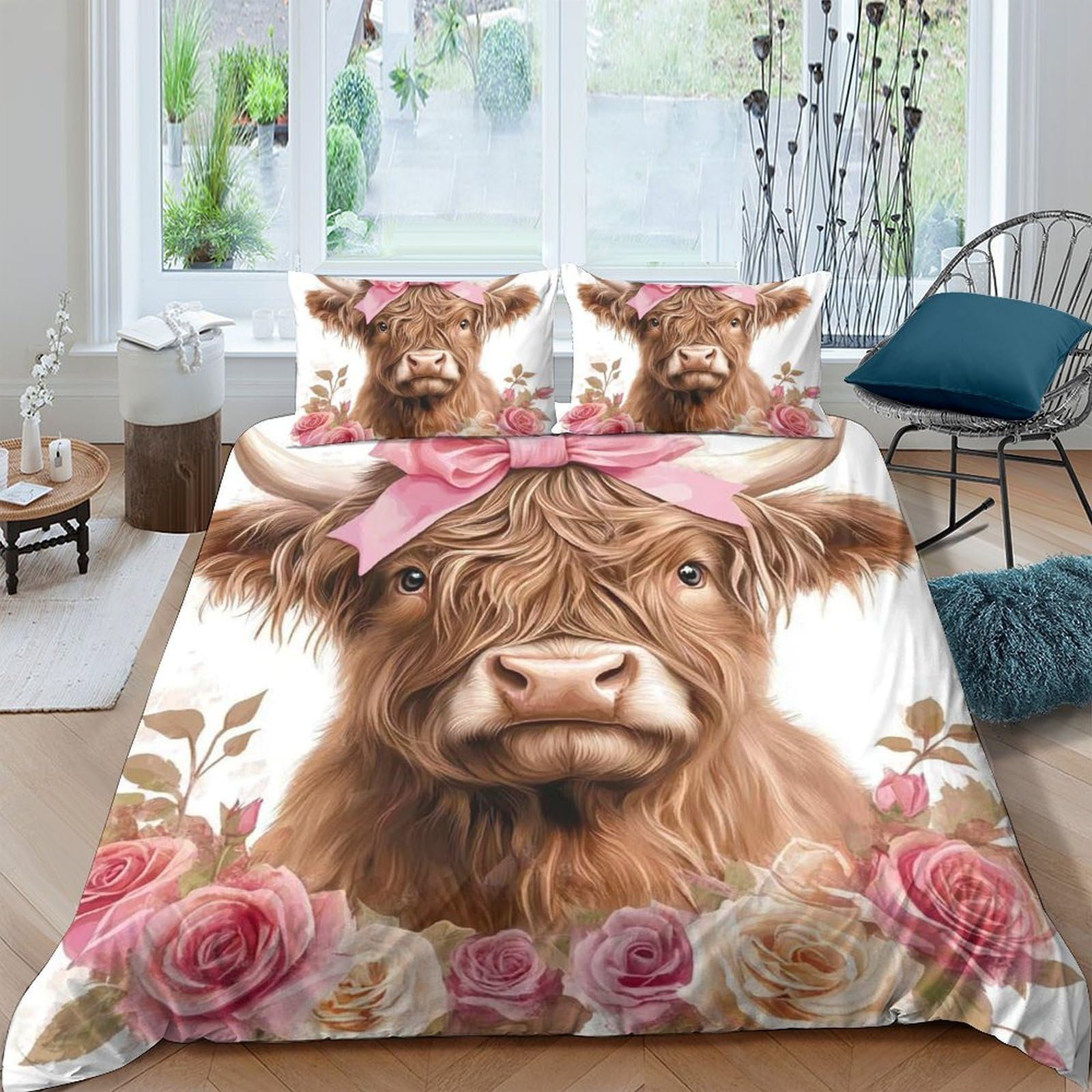GPLZQXKJNH 3D Printed Highland Cow Floral Duvet Cover Microfiber Soft Breathable Animal Bedding Set with 2 Pillowcases for Bedroom Decor Single（135x200cm）