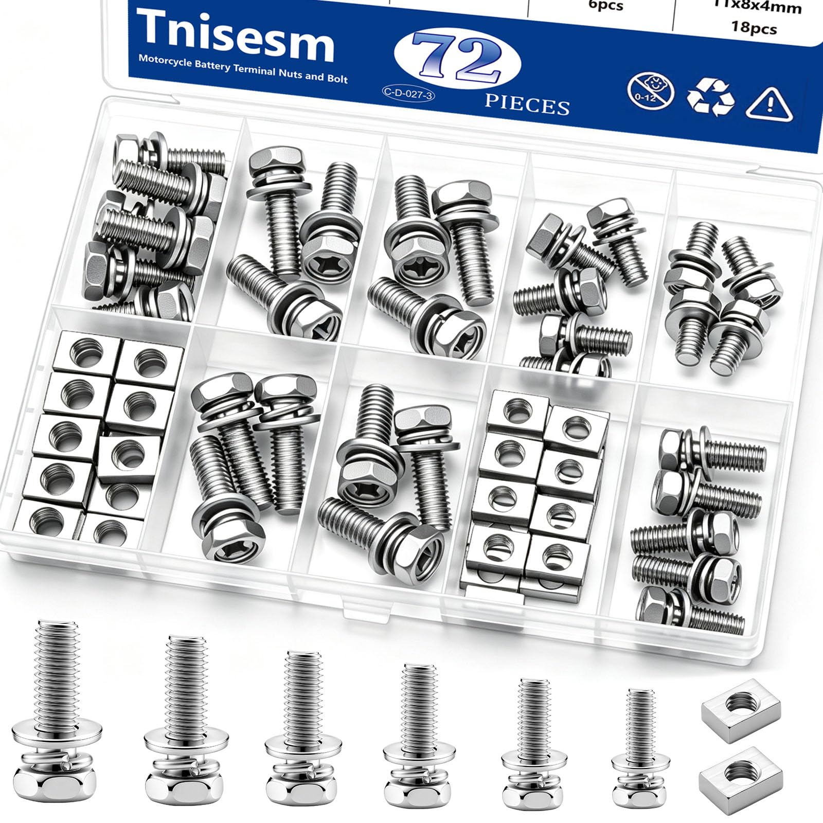 Tnisesm 72PCS M5 & M6 Motorcycle Battery Terminal Bolts and Nuts Kit Stainless Steel M5x10/12/14mm & M6x12/16/20mm Bolts with Rectangular Nuts for ATV Generator Battery Terminal Replacement-image-10
