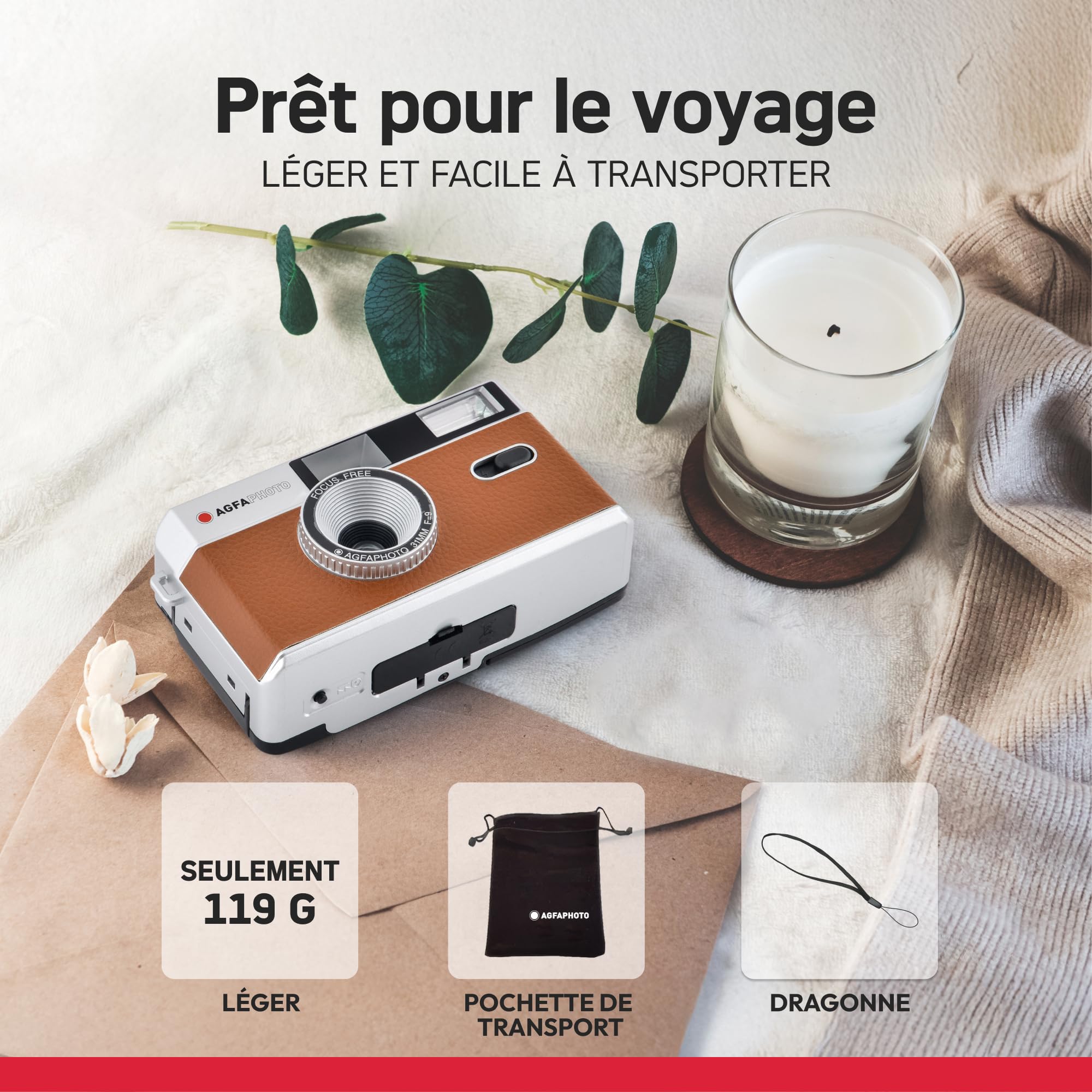 AGFAPHOTO - Appareil Photo Argentique 35mm – Objectif 31 mm F9, Flash Intégré, Mise au Point Fixe, Compatible Pellicules ISO 200/400/800 – Étui et Dragonne Inclus - Beige