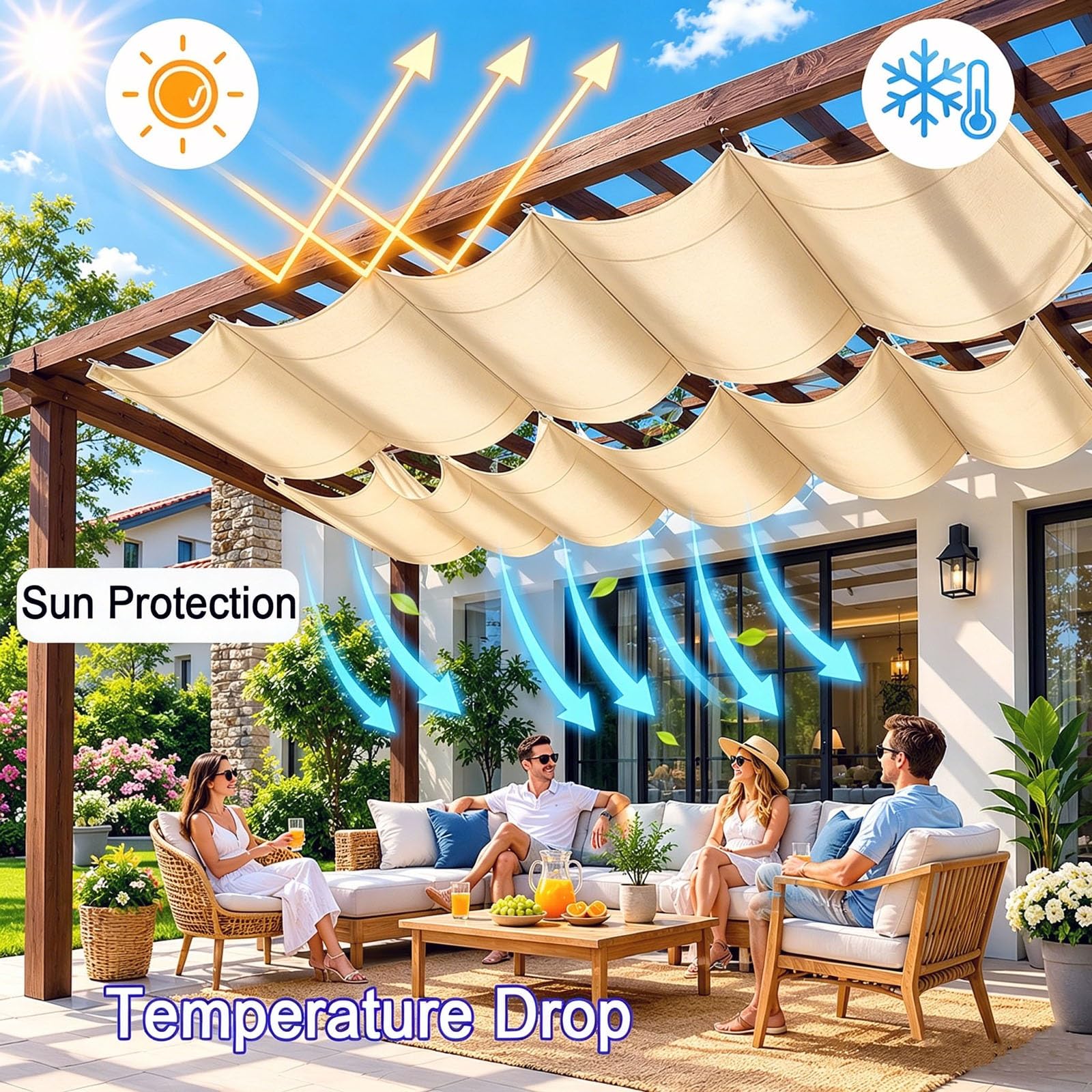 Copertura Retrattile per Gazebo Pergola 4 x 5.5 m Protezione Solare Respirante Impermeabile Antivento Robusto Tenda a Vela Giardino per Giardino Esterno, Giallo sabbia