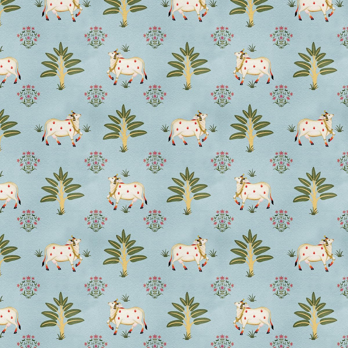 DecorKing Wallpaper Self Adhesive Wall Covering Festive Cows and Palms on Light Blue Background (41cm x 244cm)