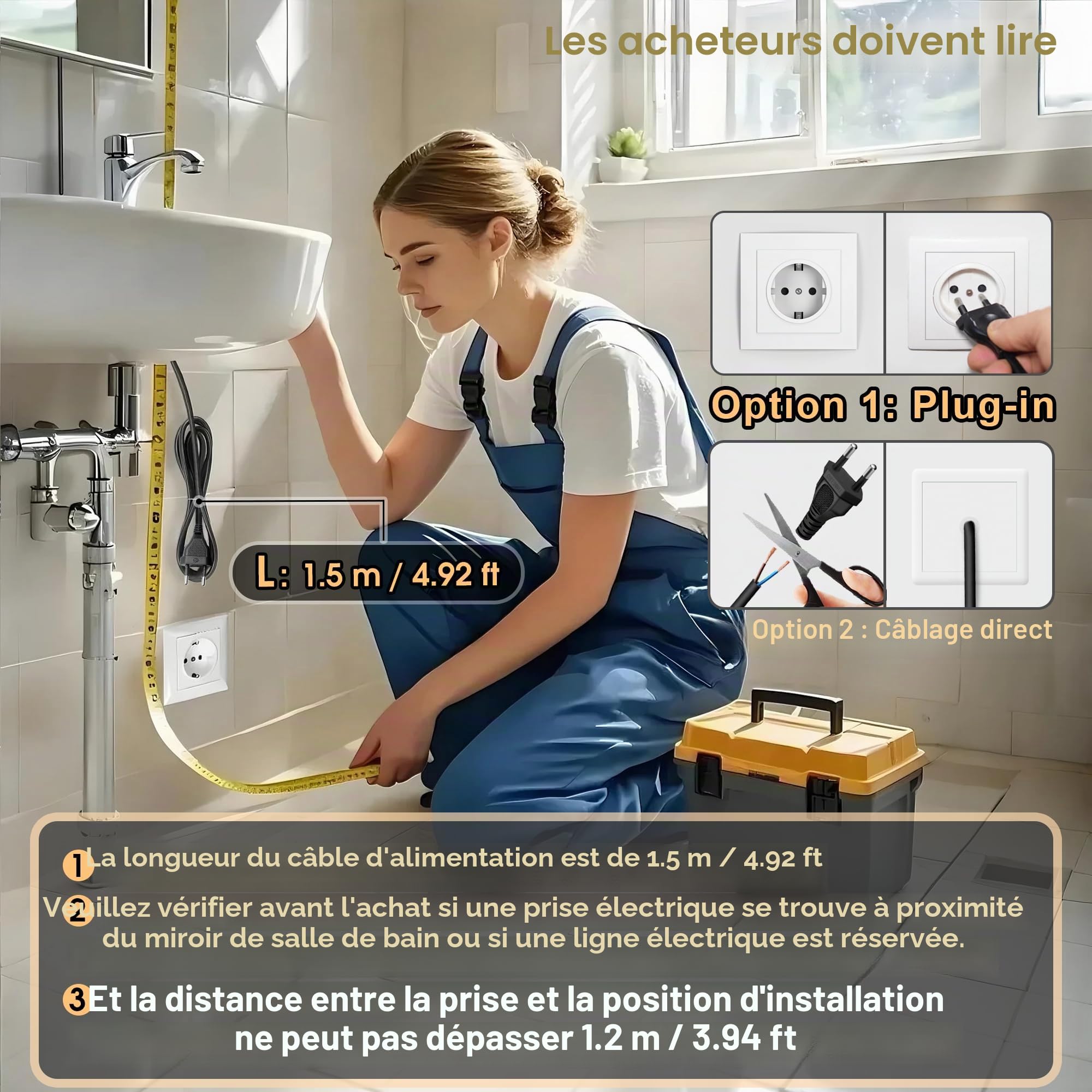 Miroir Mural de Salle de Bain avec éclairage, Miroir avec lumière LED, Interrupteur Tactile et 3 Couleurs à intensité Variable (60 x 45 cm)