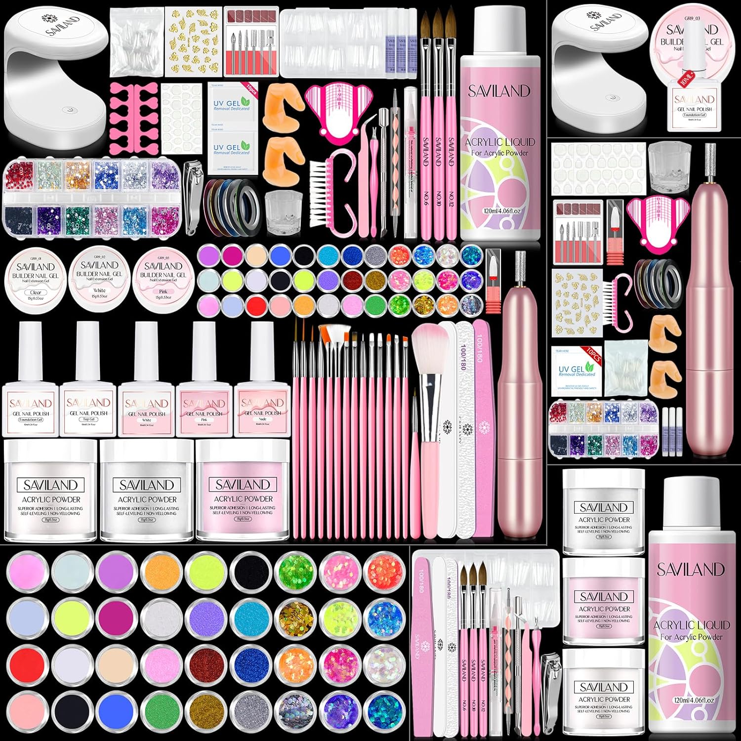 Saviland Acrylic Nail Kits Full Set for Beginners: Gel Nail Kits Full Set for Beginners U V Lamp Gel Nail Polish Acrylic Powder Nail Drill Nail Art Tools DIY Gel Acrylic Nails Manicure Women Gift Set