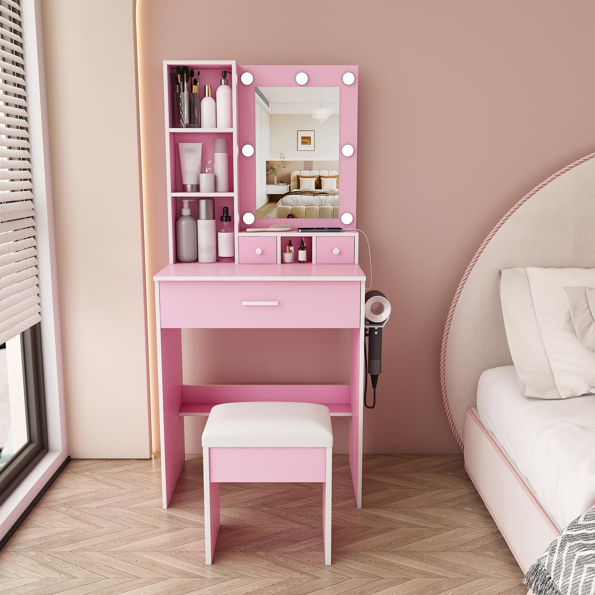 Schminktisch mit Beleuchtung & Spiegel, Hocker, Steckdose, 60 cm, Rosa