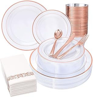 DaYammi 350PCS Rose Gold Plates and Napkins Party Supplies-100 Rose Gold Plastic Disposable Plates-150 Rose Gold Plastic Silverware-50 Rose Gold Cups-50 Rose Gold Napkin for Thanksgiving & Christmas