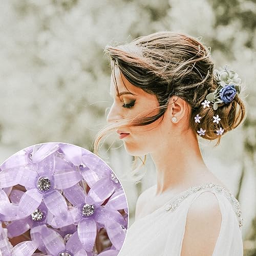 Miniatura 7 de 30 horquillas para el pelo de novia de boda con flores moradas, clip de cabeza de novia, pasadores de pelo con diamantes de imitación de cristal,