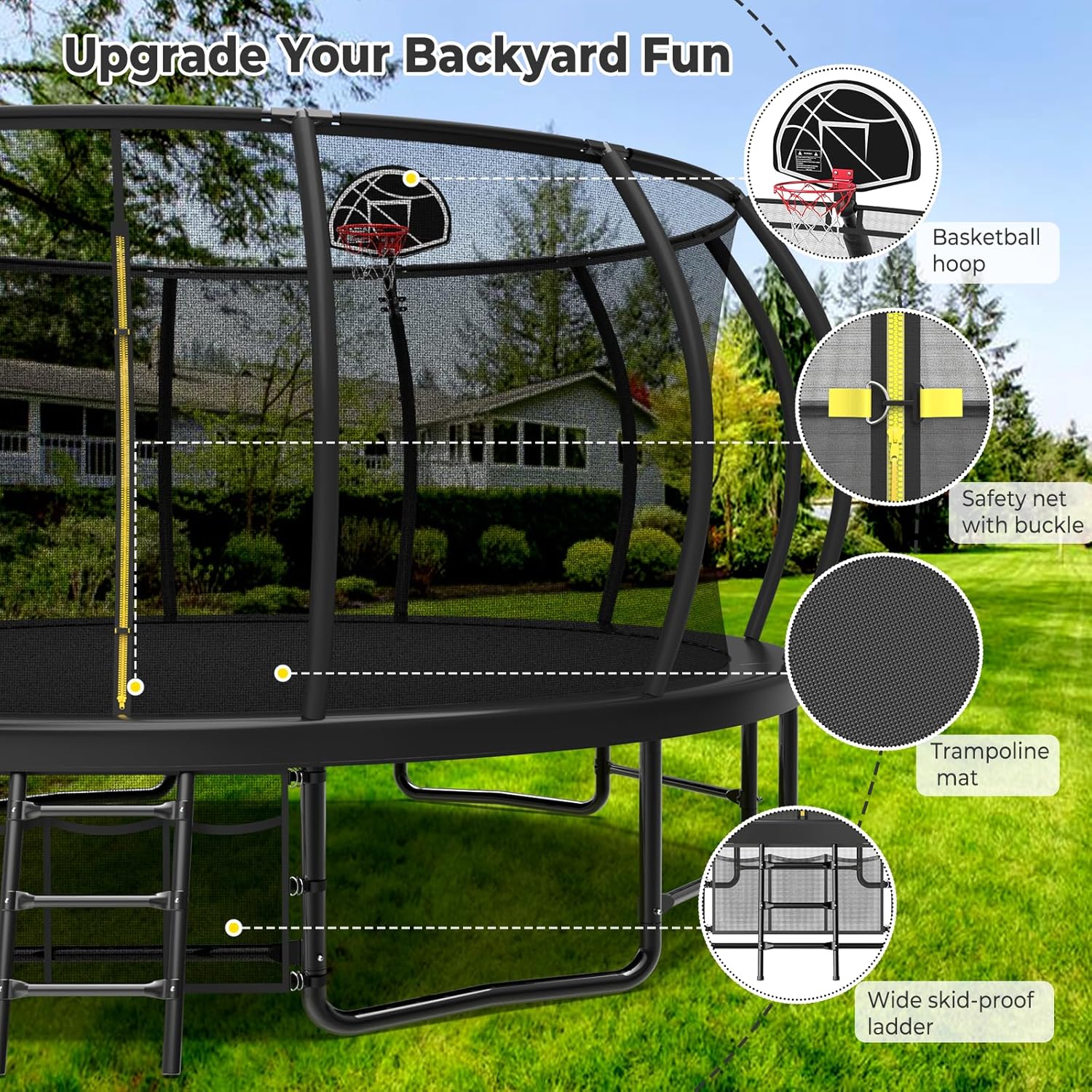 Lyromix 12 14 15 16FT Outdoor Trampolines for Kids and Adults, Pumpkin Trampolin with Curved Poles, Recreational Trampolin with Basketball Hoop and Safety Enclosure Net for Kids and Adults