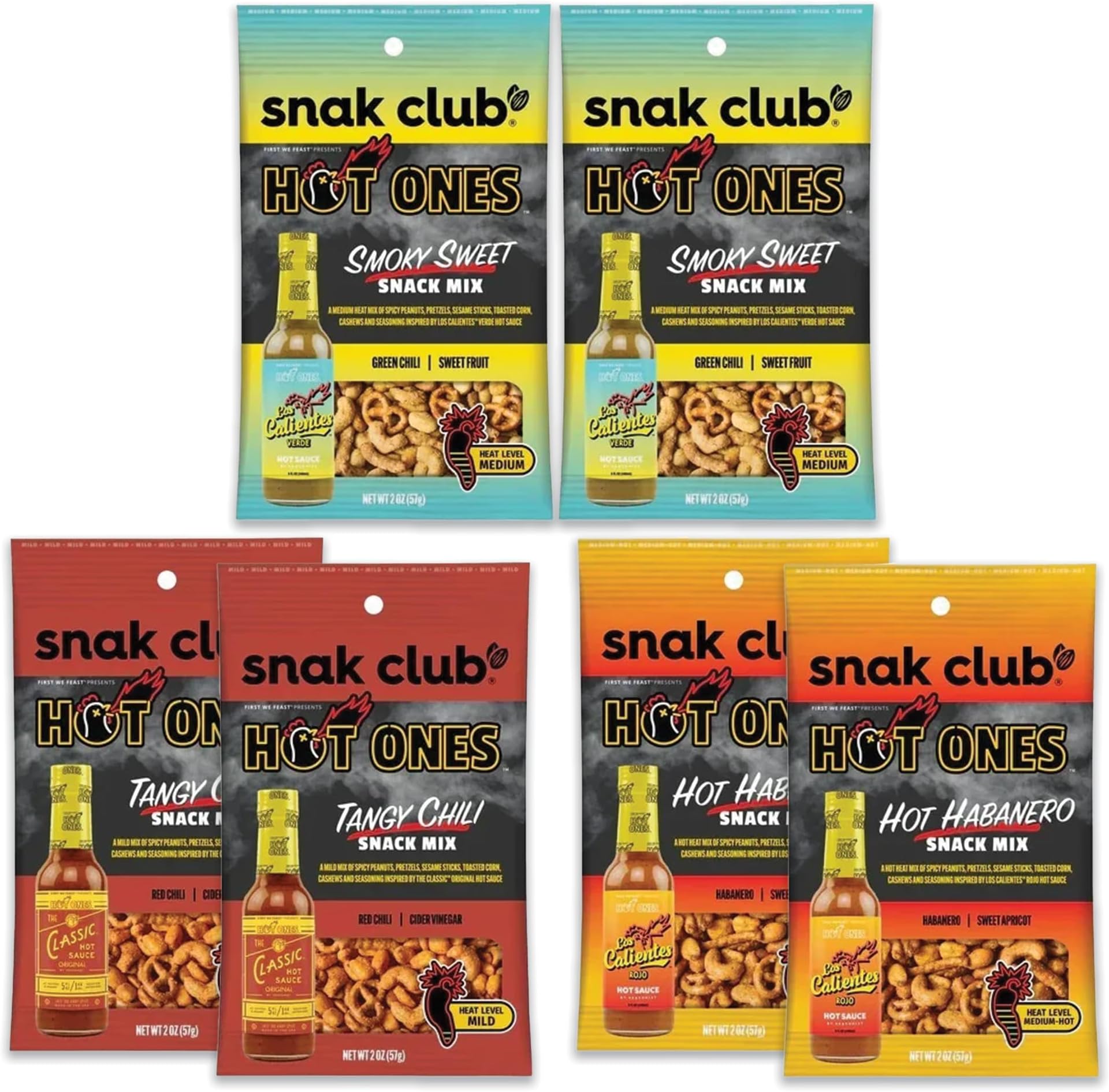 Snak Club Hot Ones Snack Mix Variety 6 Pack- 2 x 2oz Bags Each of 3 Flavors. Spicy Nuts, Spicy Peanuts, Snack Club Hot Peanuts, Hot Nuts, Sweet and Spicy Trail Mix, Hot Snacks