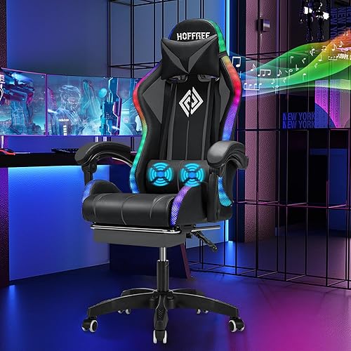 HOFFREE RGB Gaming Chair with Speakers Massage Computer Gaming Chair with LED Lights and Footrest High Back Video Game Chair for Adults Grey and Black
