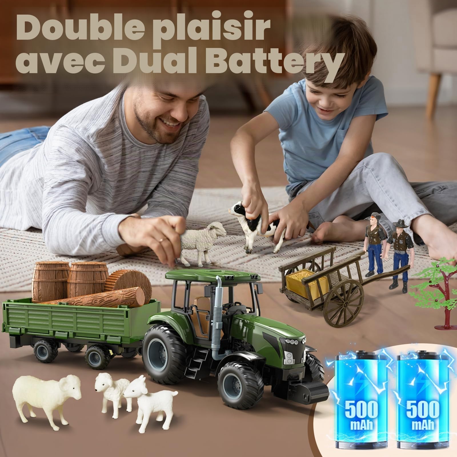 Tracteur télécommandé RC avec remorque, jouet de ferme avec animaux et figurines, commande 2.4GHz et 2 batteries , tracteur jouet pour enfants dès 3 ans, cadeau amusant pour les fêtes ou anniversaire