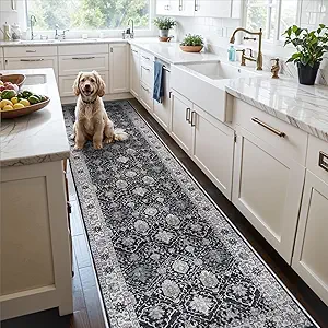 Washable 3x25 Extra Long Runners: Oriental Soft Non-Slip Hallway Runner Rugs for Kitchen Dining Room Indoor Low Pile Thin Entry Floor Mat Stain Resistant Carpet for Living Room Bedroom (3 x 25,Black)