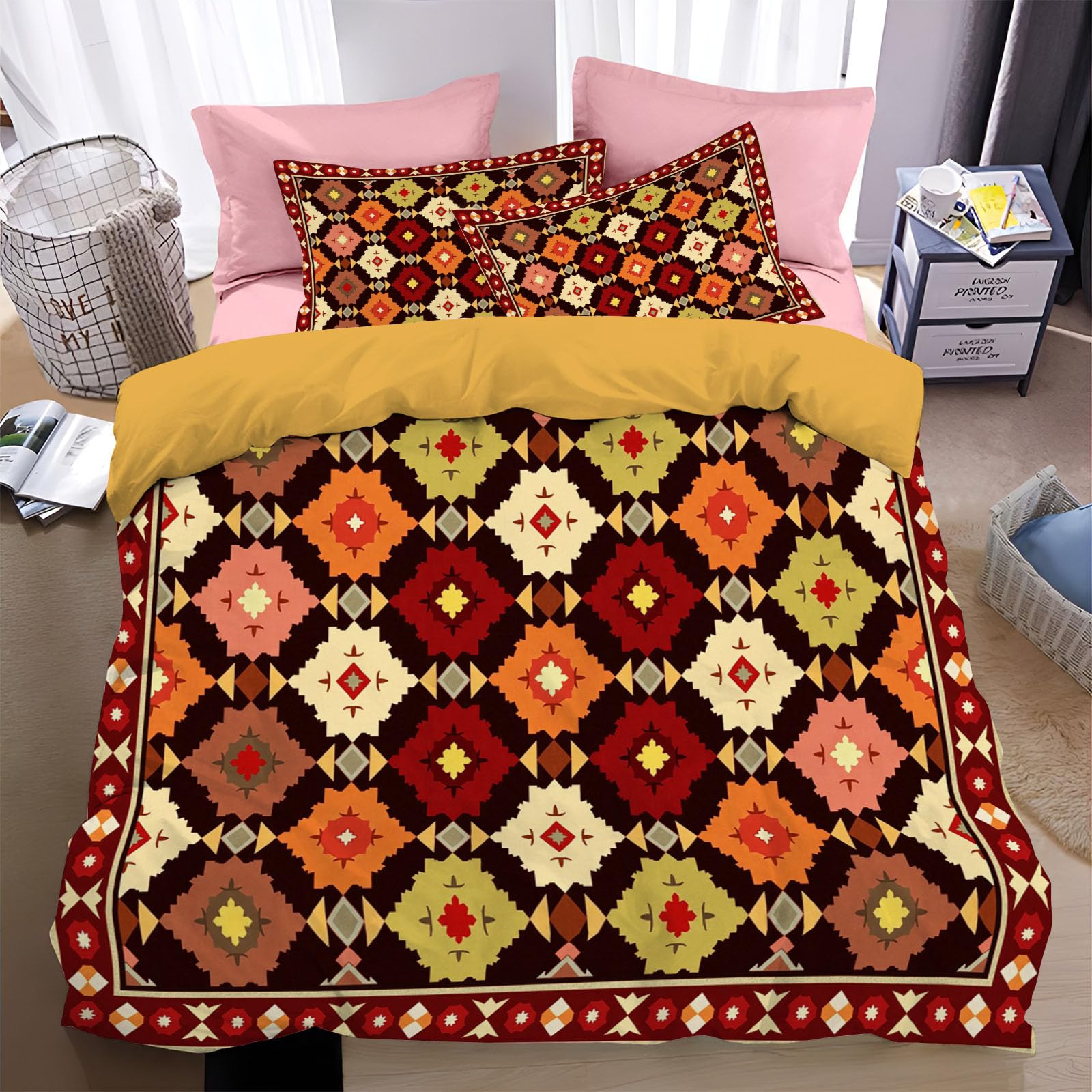 Housse de couette 220x240cm imprimée en 3D avec motifs floraux géométriques délicats rouge terre