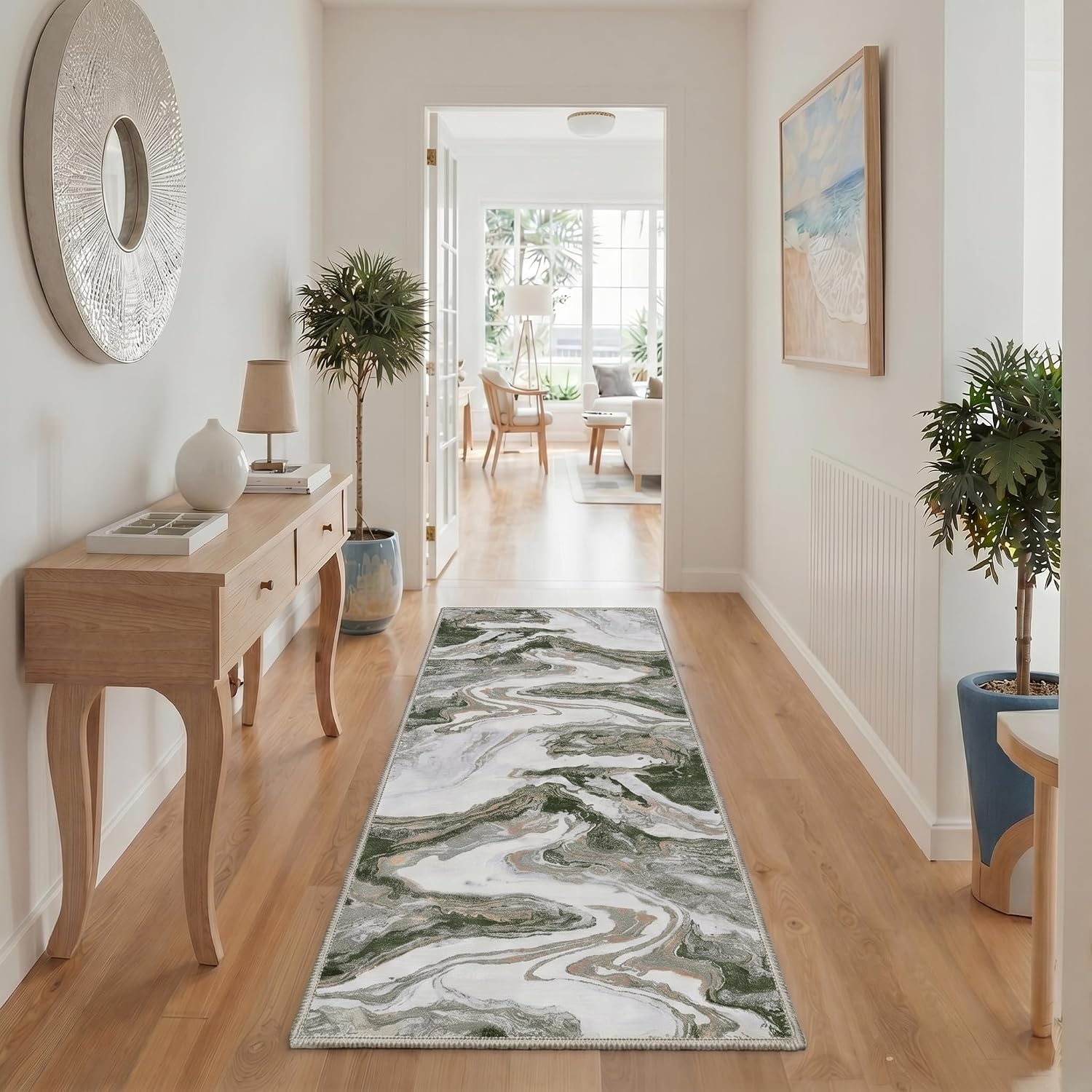 BESBLEE 5x7 Area Abstract Rug Liquid Marble Print Pattern, Non Slip Backing Low Pile Washable Rug for Living Room Bedroom Dining Room, Dusty Green