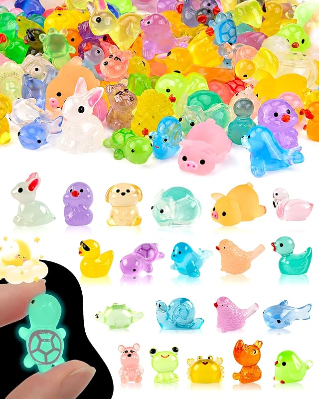 100 Pcs Luminous Mini Resin Animals 20 Types Glow in the Dark Tiny Figurines Bulk Set for DIY Garden Aquarium Micro Landscape and Party Decoration Desk Pets and Miniature Accessories