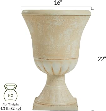 Worth Garden Plastic Urn Planters for Outdoor Plants, Tree 22'' Tall 2 Pack Round Classic Resin Flower Pots Indoor Beige Traditional Front Porch 15 in Dia. Large Imitation Stone Decorative Patio Deck