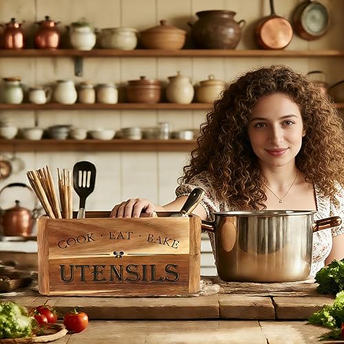 Miniatura 6 de Soporte para utensilios para encimera de cocina, organizador de madera extra grande de 3 compartimentos en madera de acacia, almacenamiento para