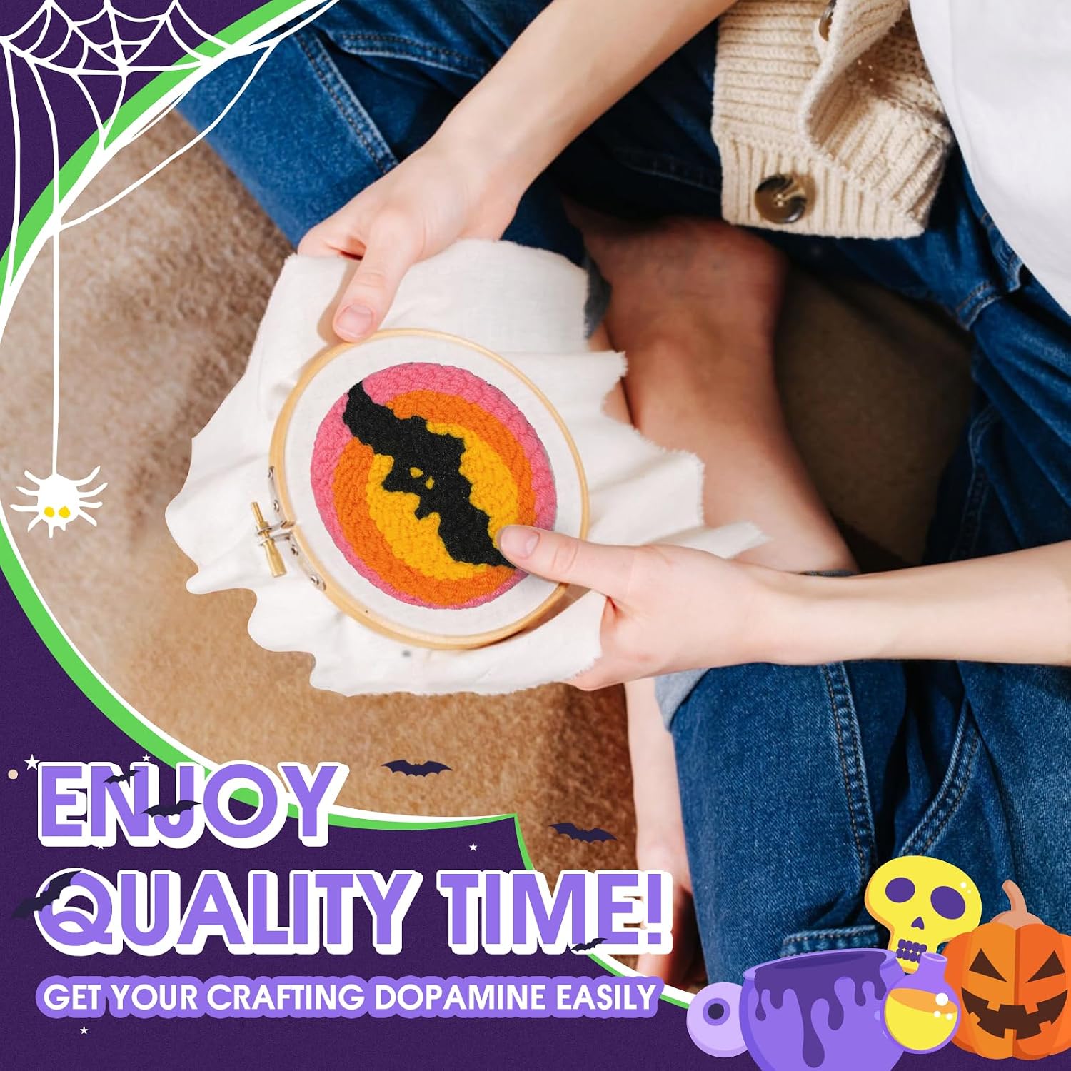 yuegool 6PCS Halloween Punch Needle Coasters Kit – Easy DIY Embroidery Kit for Beginners, Adults & Kids | Includes Patterns, Tools, Yarns, Hoop, Instructions, Coaster Holder