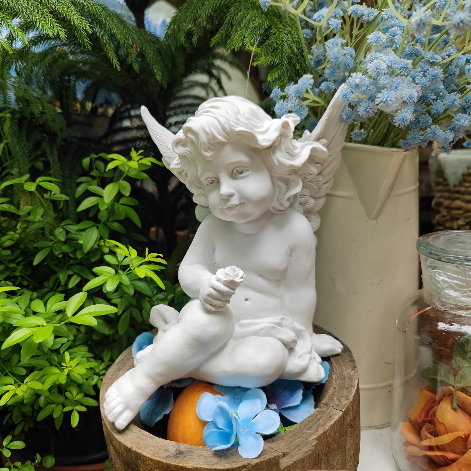 Moofar White Sitting Cherub Angel Statue With Rose Angel Figurine For Home & Garden Decor, Memorial, Religious Gifts, Indoor/Outdoor
