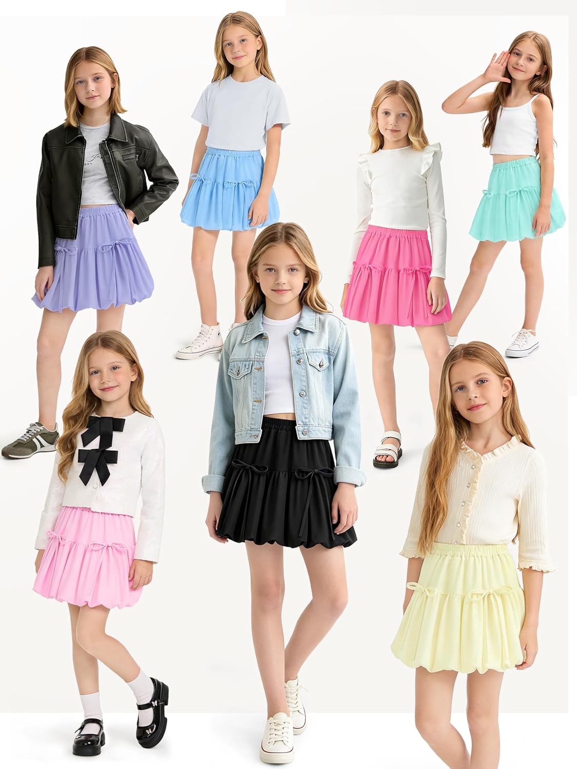 EUZ Big Girls Bow Bubble Skort High Waist Puffy Hem Sizes 6-16 | lightweight fabric, elastic waistband, double bows, puffy hem, built-in liner, summer skirt for party, daily school wear