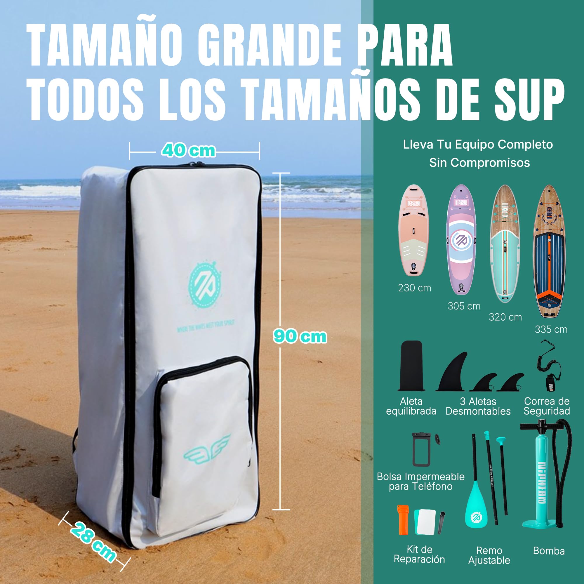 niphean Mochila Paddle Surf con Correas Anchas, Capacidad Extra Grande 100L, Bolsa Hinchable para Tabla de Surf con Soporte Ergonómico para Transporte Cómodo