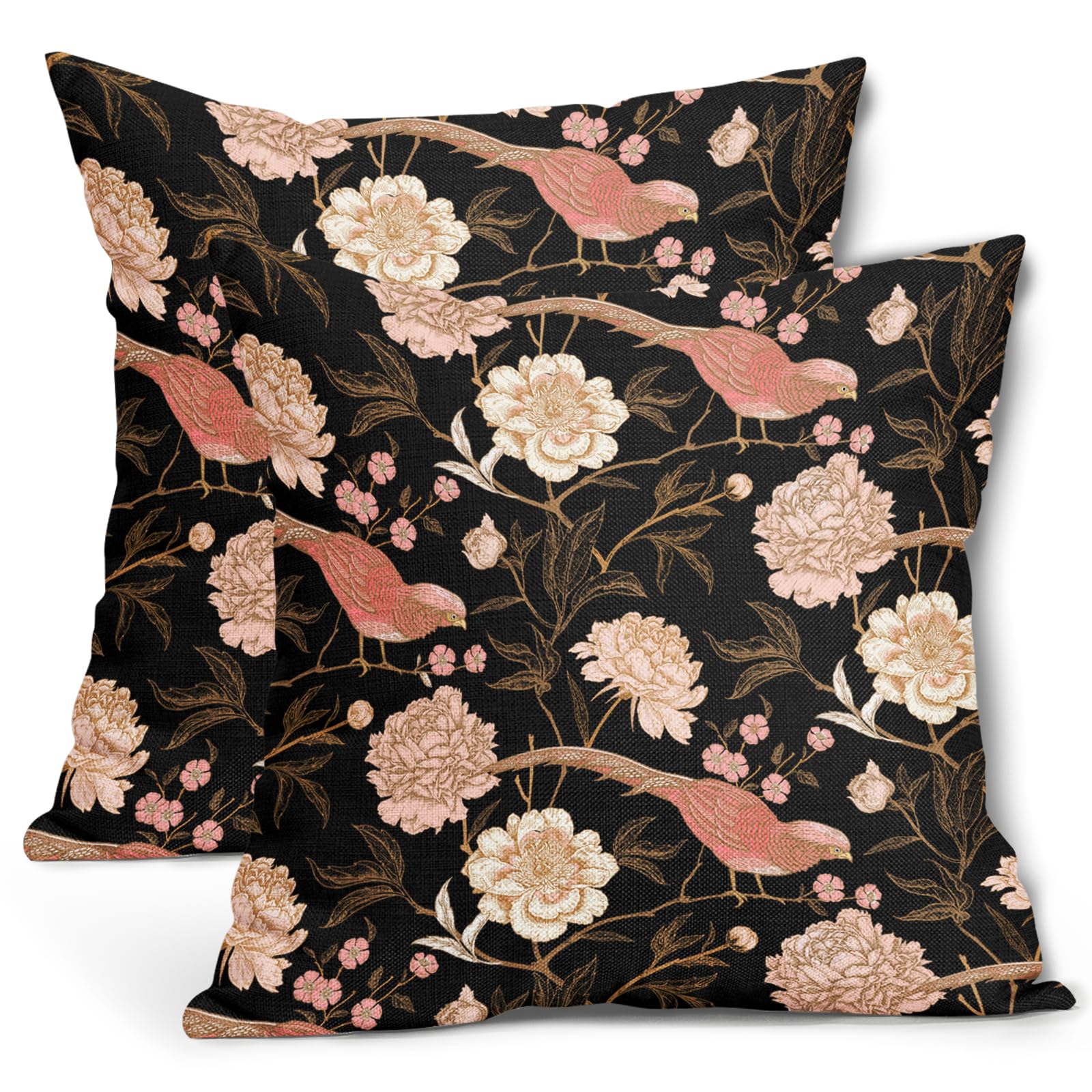 Pink White Roses Floral Pillow Covers 20X20 Inch Set of 2 Retro Flowers Birds Gold Leaf Decorative Pillow Cases Art Vintage Black Cotton Linen Cushion