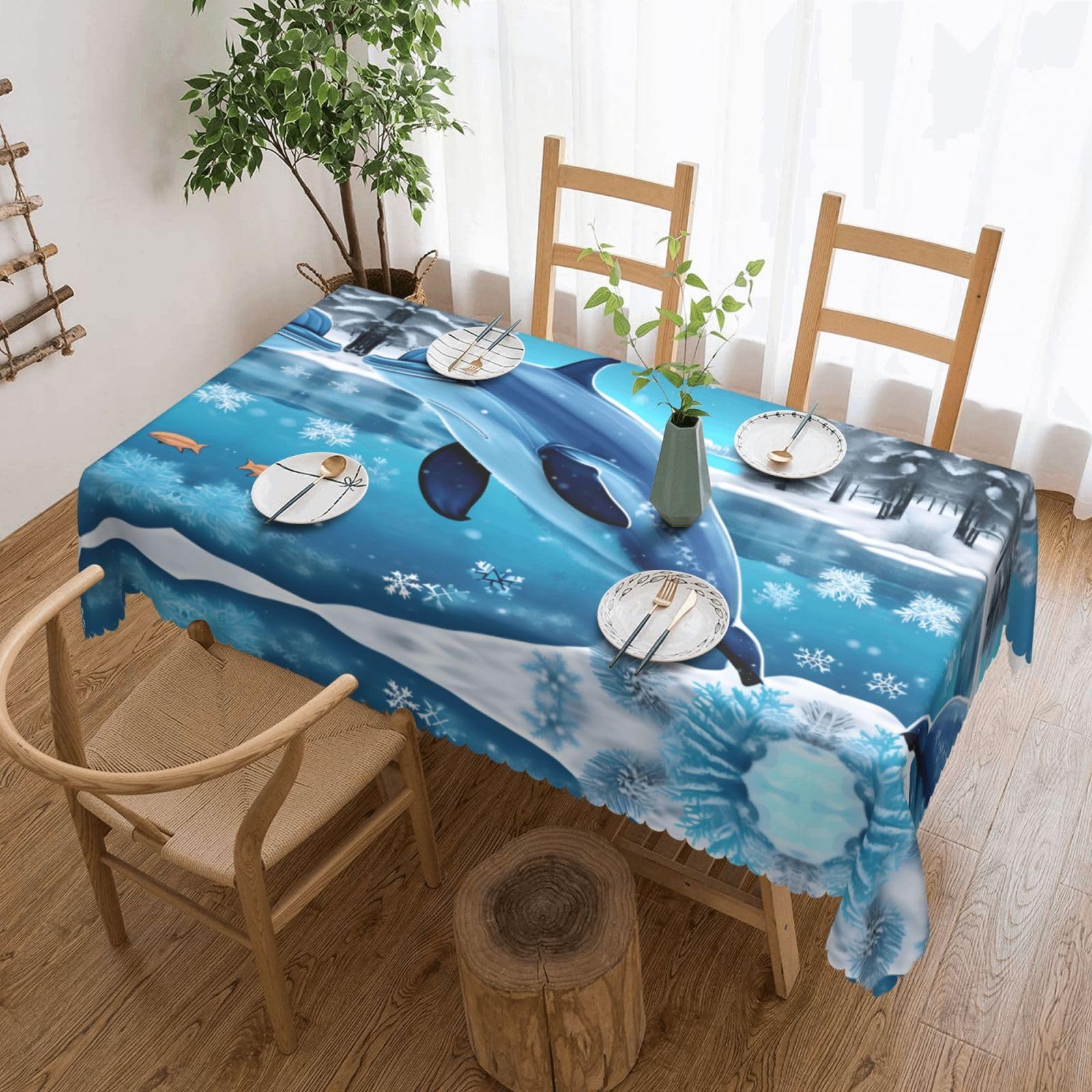 HLSBSSL winter the dolphin Patterned square lace tablecloth, wrinkle-resistant and durable, suitable for dining tables, parties, etc.