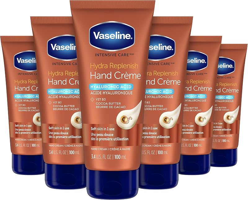 Vaseline Intensive Care Hand Creme Hidratante para manos secas Hydra Replenish Hecho con ácido hialurónico, vitamina B3 y manteca de cacao 3.4 oz 6 Count | Hidratante con ácido hialurónico, vitamina B3 y manteca de cacao para retener la humedad para una suavidad duradera