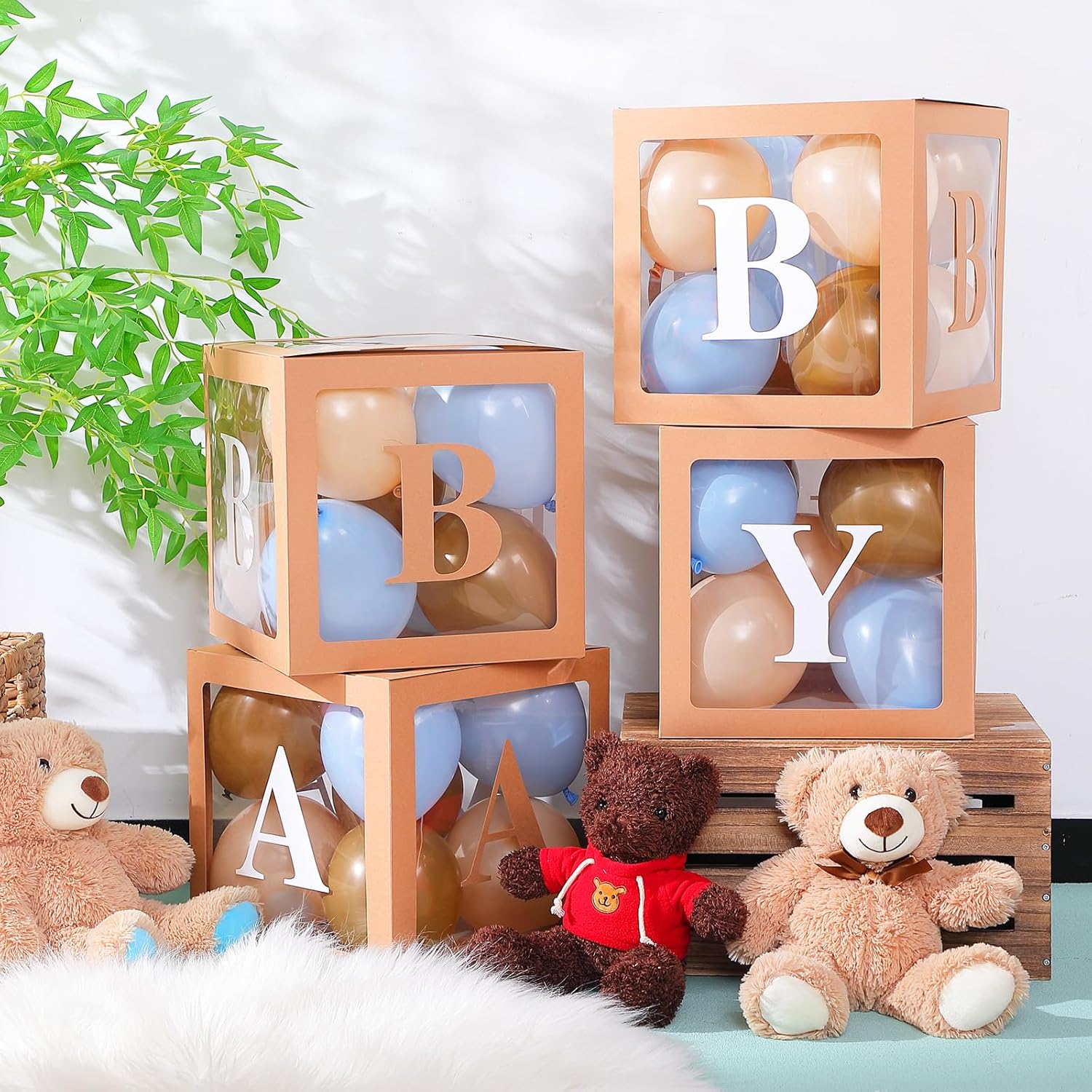 Zhanmai Baby Boxes for Bear Baby Shower Decoration with 4 Letters 36 Balloons 4pcs Transparent Clear Balloon Box Blocks for Boy Girl Balloon Boxes Gender Reveal Party Favors (Brown, Apricot, Blue)