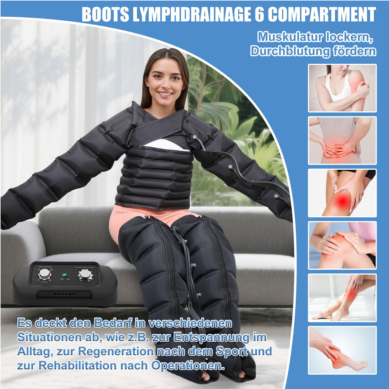 Lymphdrainage Gerät bei Lipödem Beine Arme und Bauch für Zuhause 6 Kammern | Professionelles Beinmassagegerät für die Lymphdrainage mit Kompression | Recovery Boots Für Durchblutung,30-240mmHg