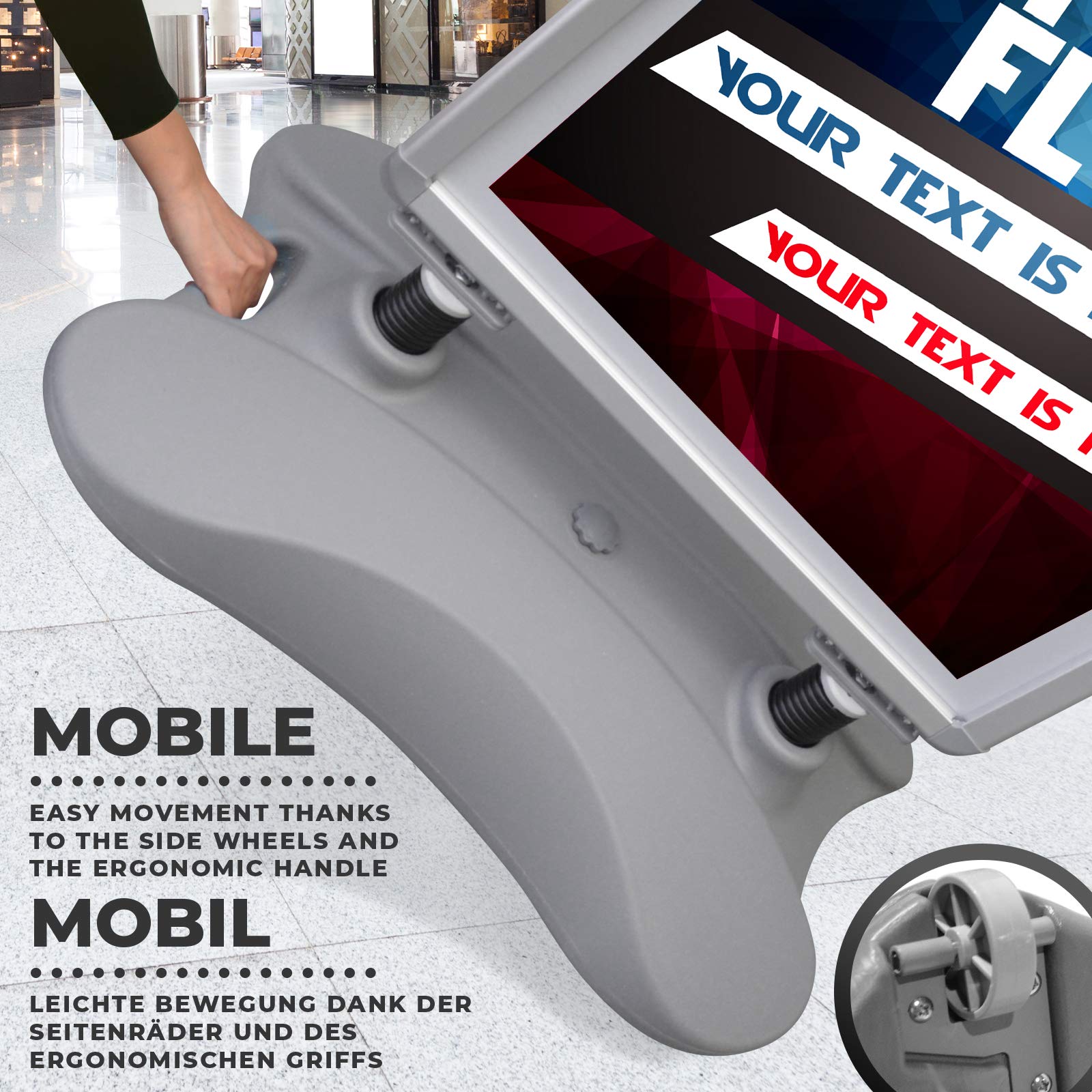 Jago® Caballete Publicitario - A1, con Ruedas, Doble Cara, Rellenable con Agua/Arena, Portátil, Gris - Cartel Publicitario Exterior, Anuncio, Soporte, Expositor Cartelería, Panel, Personalizado