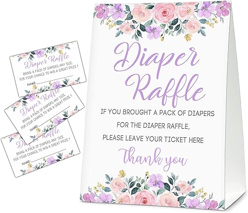 Rifa de pañales para baby shower tarjetas florales de color rosa rubor 1 letrero y 50 tarjetas de adivinanza recuerdos de fiesta decoraciones para