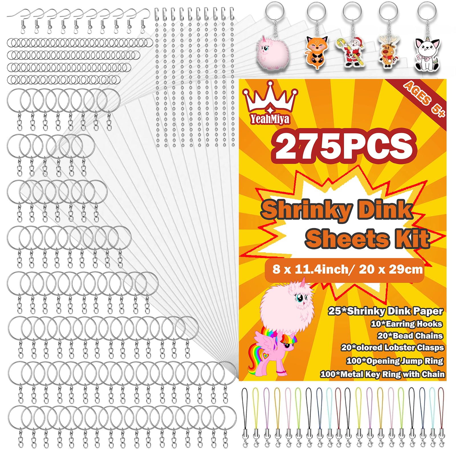 275PCS Shrinky Dink Sheets Kit, Shrink Plastic Shrinky Dink Keychain Kit with 25PCS Shrinky Dink Paper(8 x 11.4inch/21 x 29cm), Shrinky Art Shrink Plastic Sheets Shrink Film Sheets for Crafts/Keychain