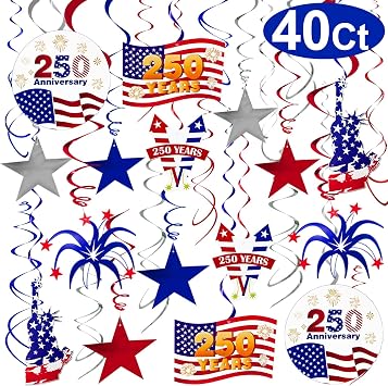 40 Pcs USA 250th Anniversary 4th of July Decorations Patriotic Party Supplies, Fourth of July Hanging Swirls with Americans Flag/Stars, Red White and Blue July 4th Independence Day Hanging Decorations
