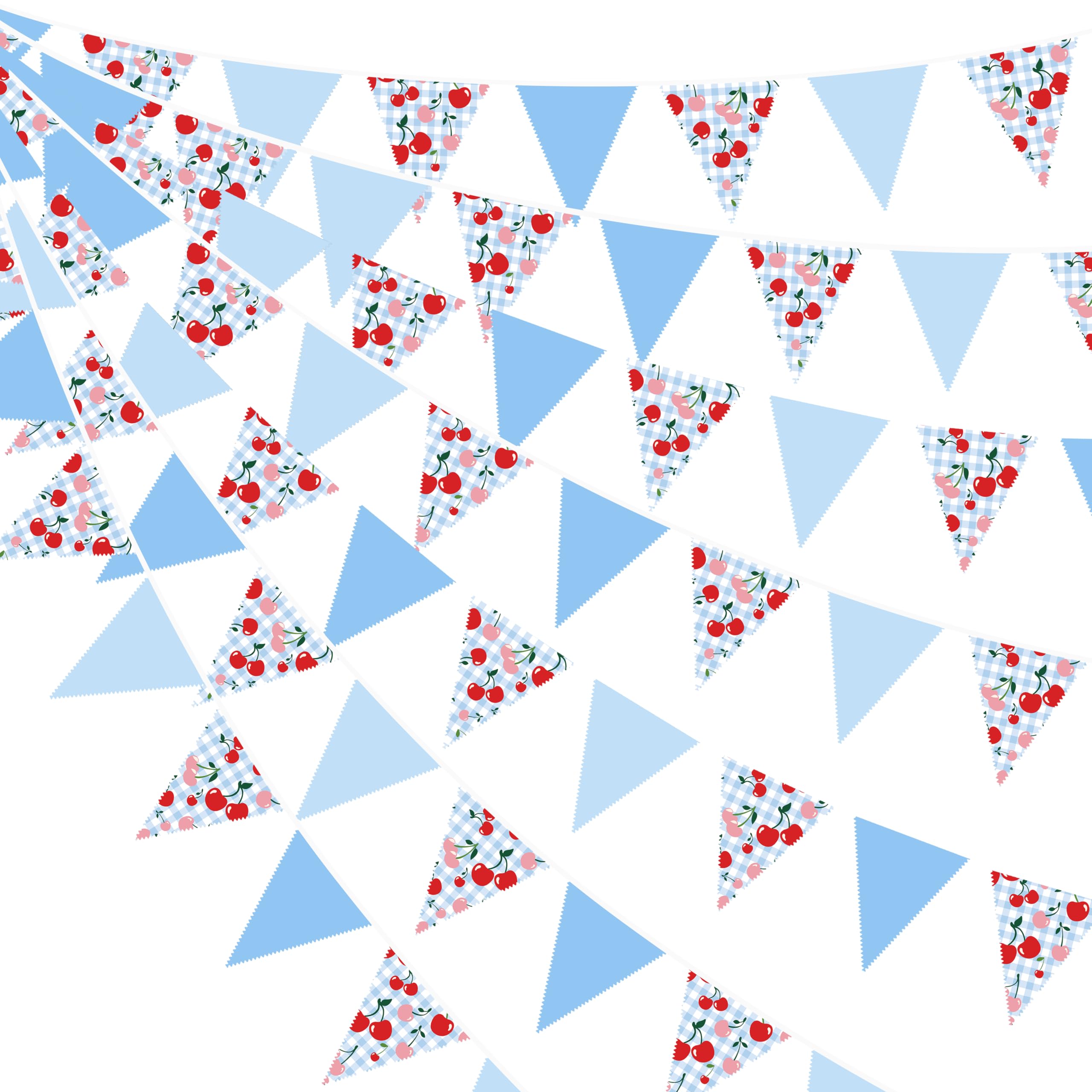 32Ft Blue Gingham Cheery Pennant Banner Fabric Triangle Flag Garland Streamers Party Decorations for Ma Cherie Baby Shower Cherry on Top Bachelorette Fruit Birthday Picnic Spring Garden Supplies