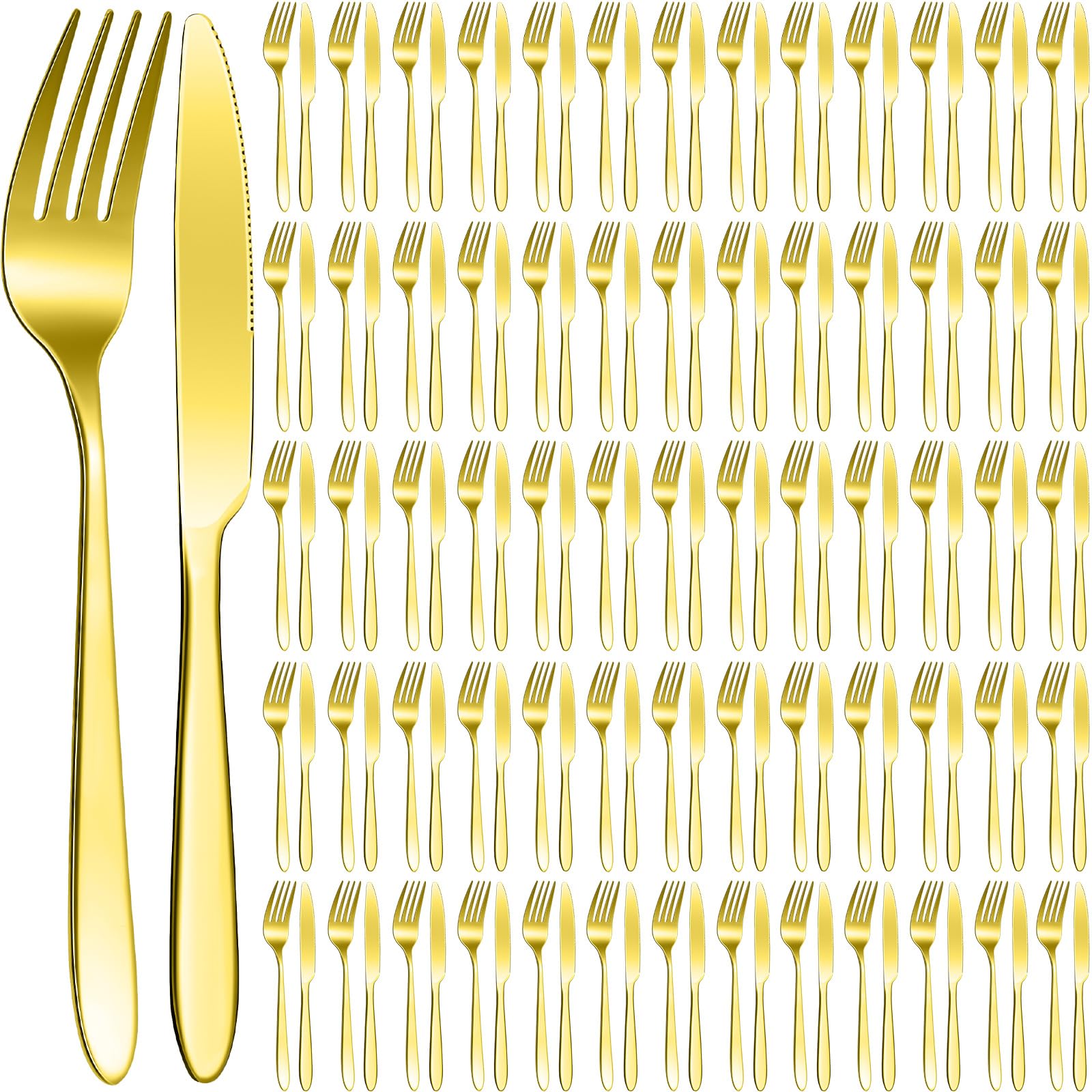 Photo 1 of Nuenen 150 Pcs Stainless Steel Set Include 75 Dinner Forks and 75 Knives, Metal Steak Knives Forks Flatware Tableware Cutlery Set for Home Restaurant Hotel, Mirror Polished, Dishwasher Safe (Gold)