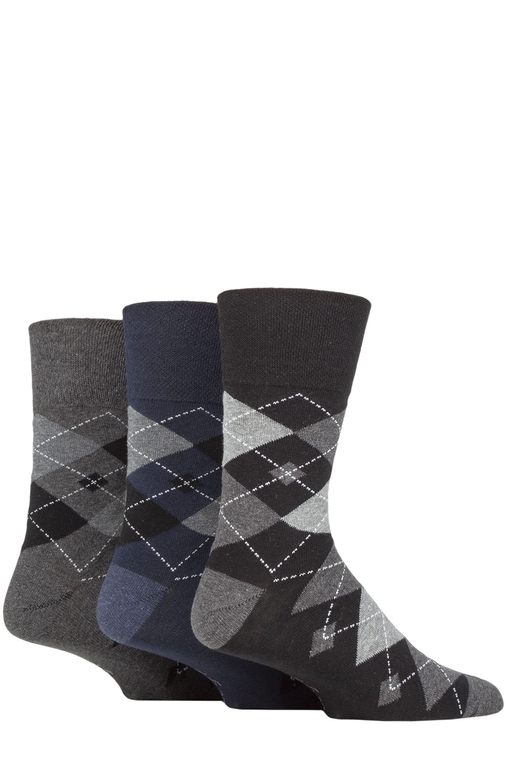 Gentle Grip Men's Argyle Black/Navy/Charcoal 3 Pair Argyle Cotton Socks 6-11