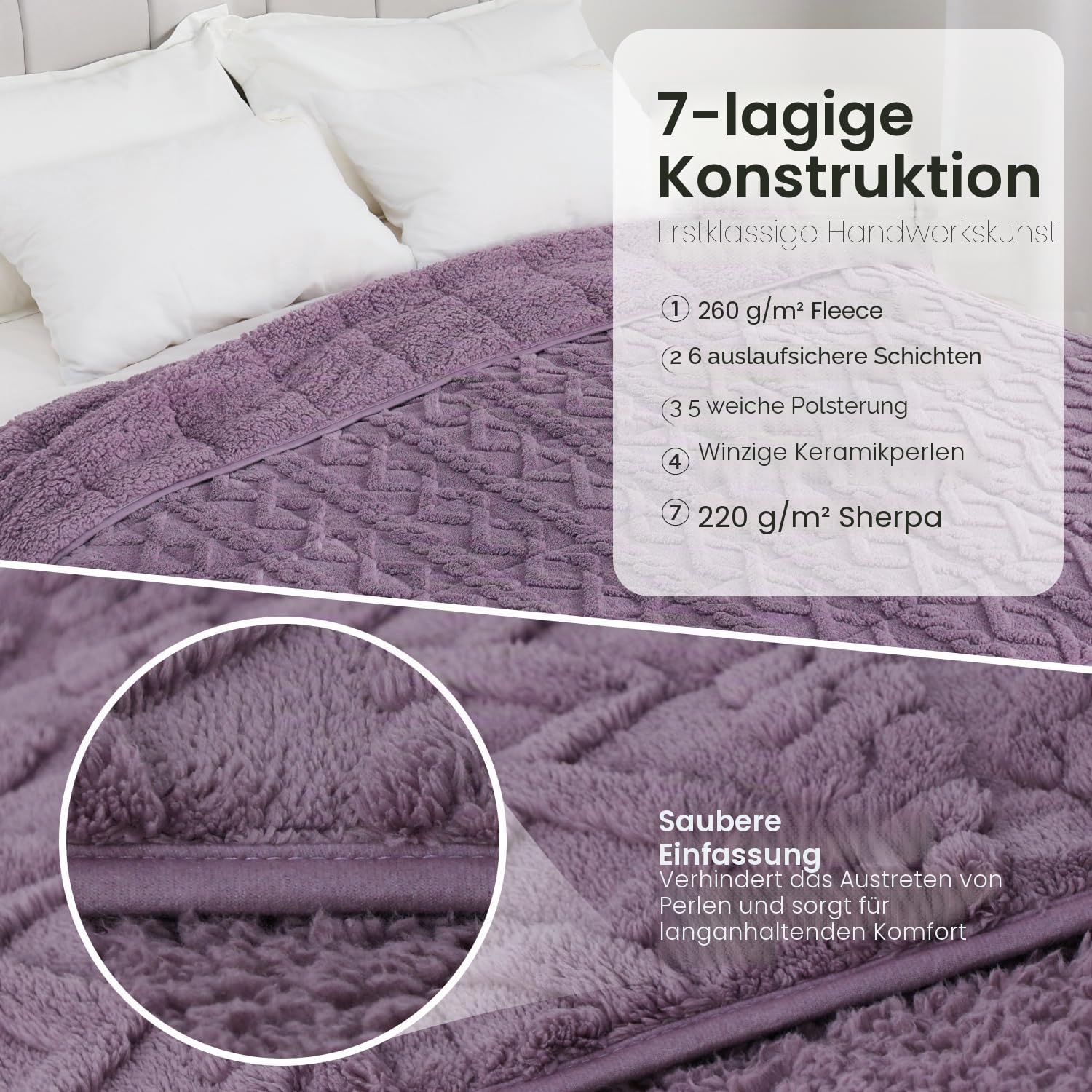 20 kg gewichtete Decke für Erwachsene, dicke flauschige Jacquard-Sherpa-Decke in Queen-Size mit Keramikperlen, weiche gemütliche Sofadecke zum Beruhigen und Entspannen, Lila, 152 x 203 cm