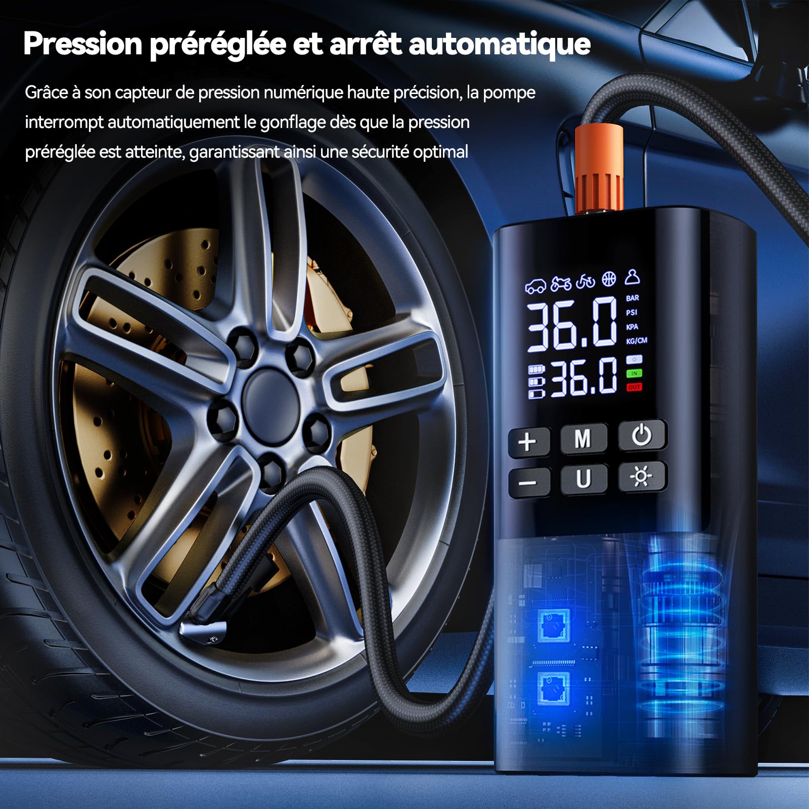 150PSI Mini Compresseur à Air Portatif, 7200mAh Gonfleur Pneus Voiture sans Fil, Gonfleur Electrique pour Vélo, Voiture,Moto, Balles, avec Lumière LED, Inflation Rapide, Arrêt Automatique
