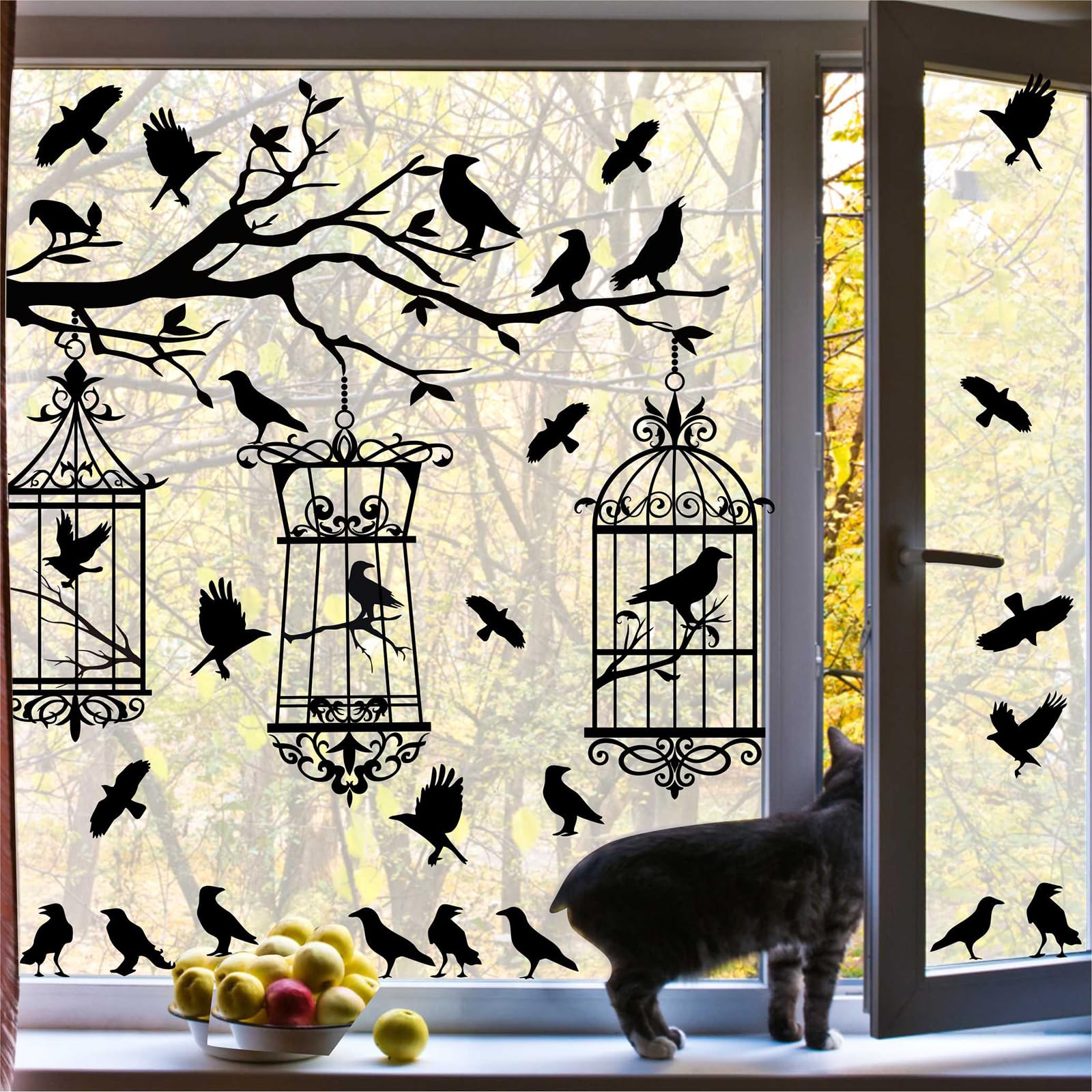 MOSITU Crow Wall Decals 34 Pcs Black Raven Stickers with Tree Branch and Bird Cage Removable Vinyl Wall Art for Bedroom Living Room Goth Farmhouse Decor - Image 3