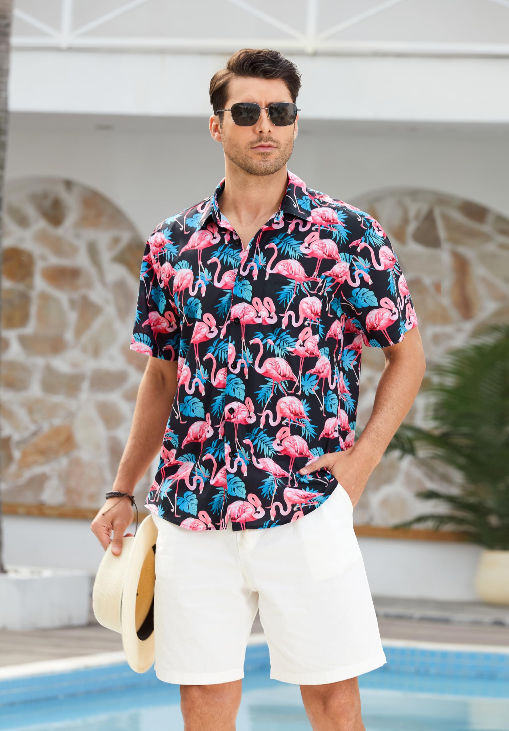 HISDERN Męskie funky hawajskie koszule z krótkim rękawem przednia kieszeń wakacje lato aloha nadruk plaża casual hawajska koszula S-2XL