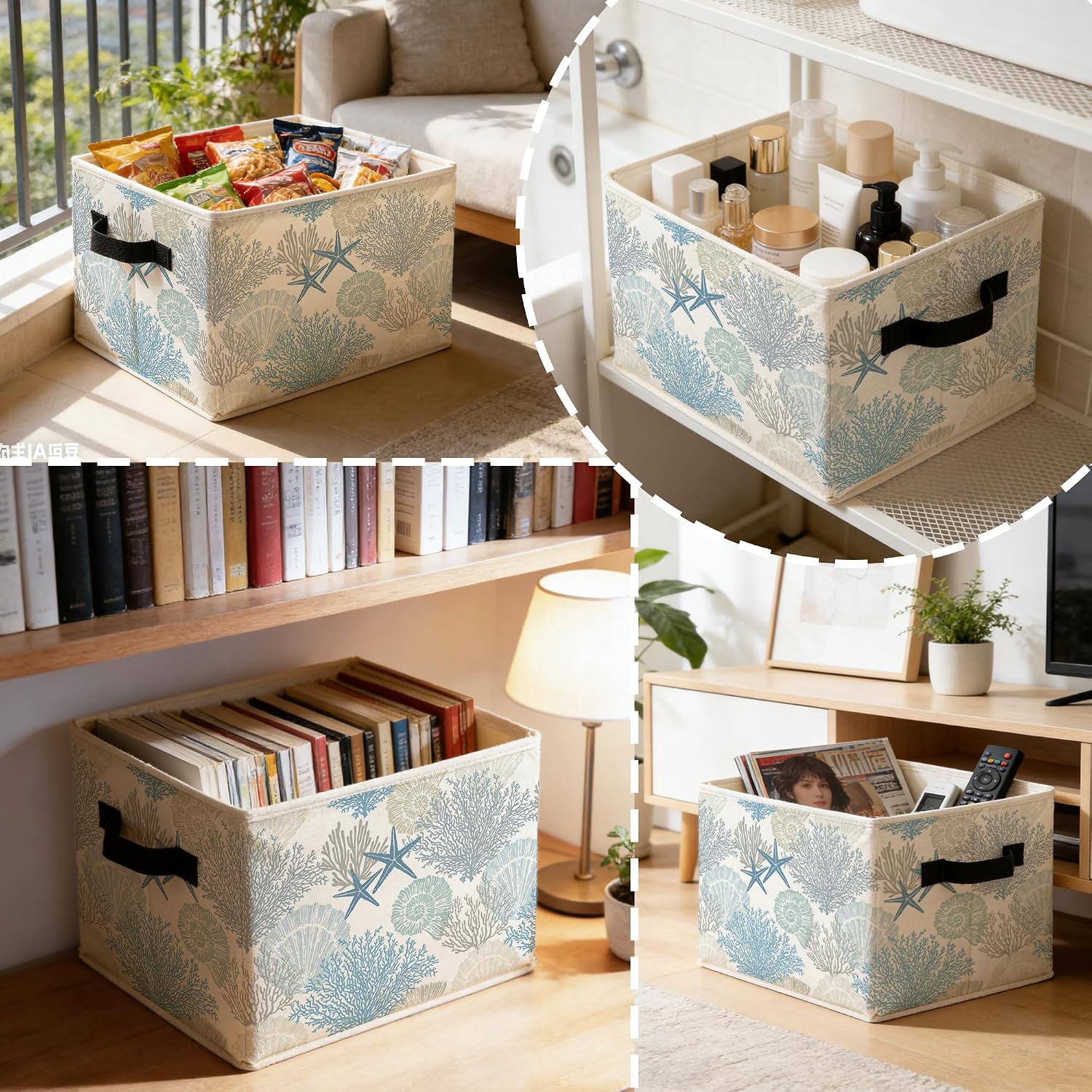Blue Beach Starfish Seashell Storage Bins Box with Handles, Coastal Ocean Nautical Coral Sea Life Foldable Basket Toybox for Beach House Bedroom Bathroom Home Clothes Toys Books