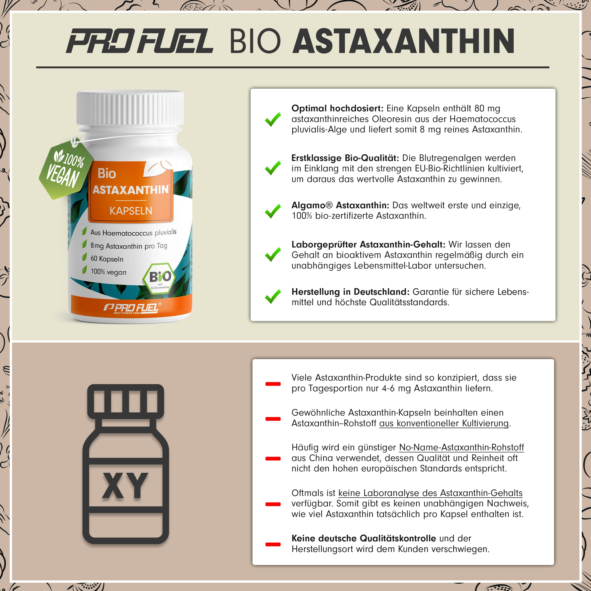 BIO Astaxanthin-Kapseln 60x - Astaxanthin hochdosiert & bio - 8 mg Astaxanthin pro Kapsel - Algamo® Premium Astaxanthin aus der Blutregenalge (Haematococcus pluvialis) - laborgeprüft mit Zertifikat